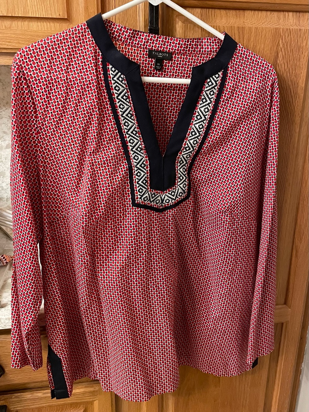 Talbots Red Printed Tunic with Navy Embroidered V-Neck